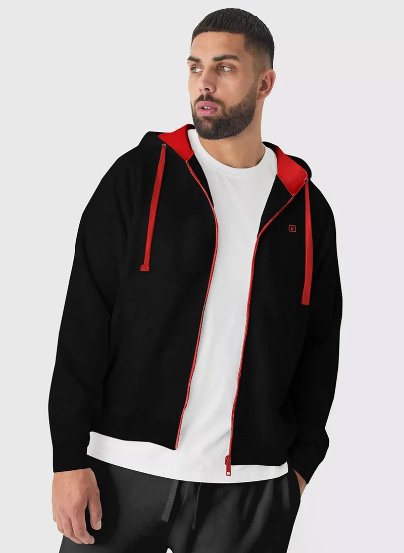 Urbano Plus Men's Black Solid Cotton Zippered Hooded Casual Winterwear Sweatshirt